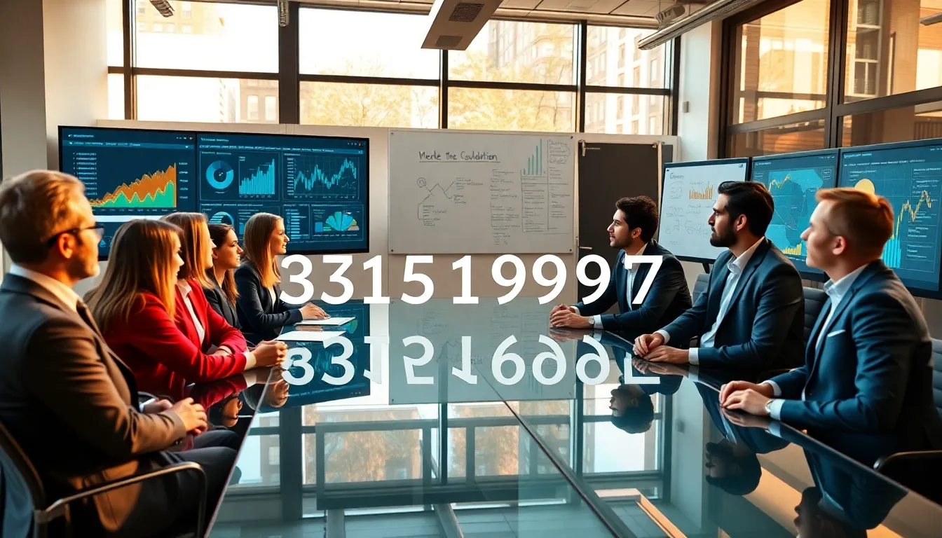 diverse professionals discussing alphanumeric code in a modern office.